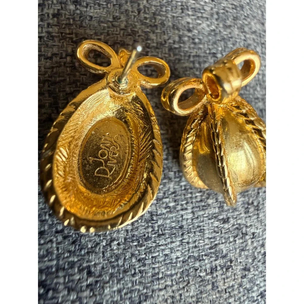 Joan Rivers Signed Vintage Gold Tone Faberge‎ Egg Bow Earrings